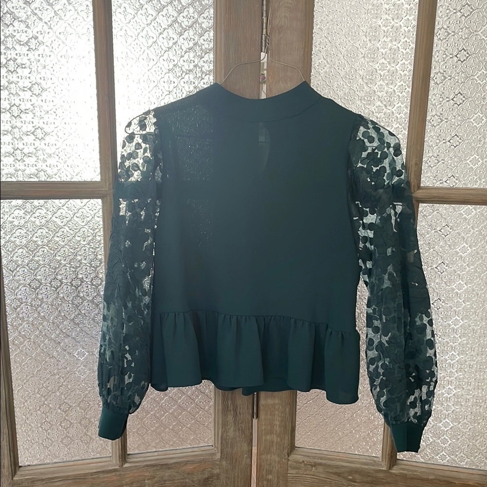 Zara Emerald Green Peplum Blouse with Mock Turtle Neck w/ Sheer Sleeves - Size L